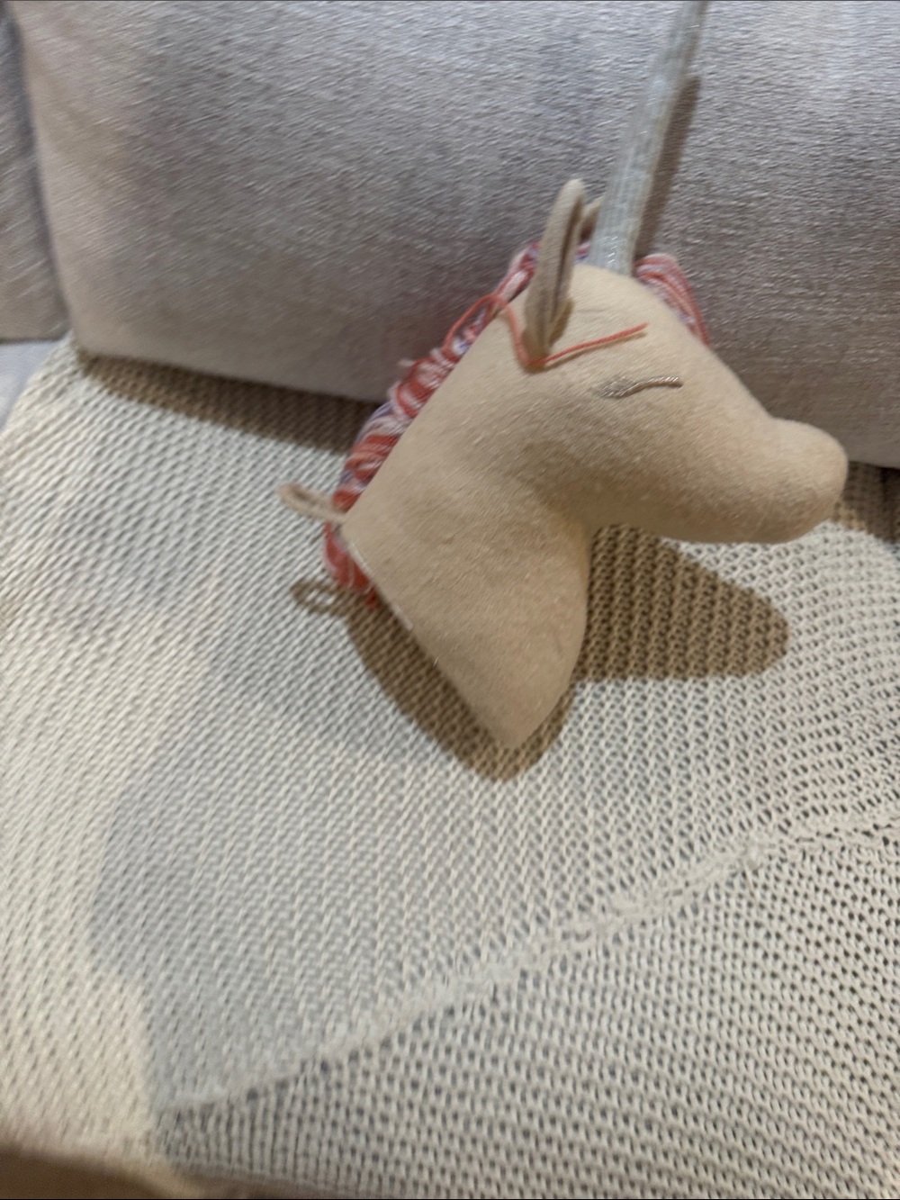 Plush Unicorn Head Hanging Ornament - Beige with Pink Mane